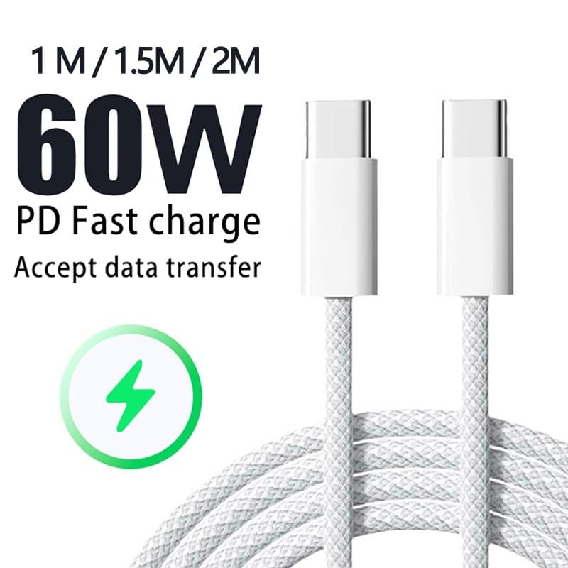 Cabo de Carregamento Tipo-C Trançado 60W para iPhone 15 Pro Max e Outros Smartphones com Velocidade Máxima