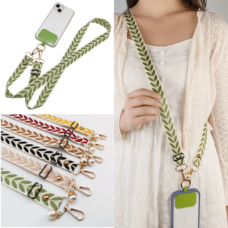 Alça de Ombro Ajustável Longa para Telefone: Lanyard Largo em Tecido com Charme de Pérola e Função de Chaveiro para