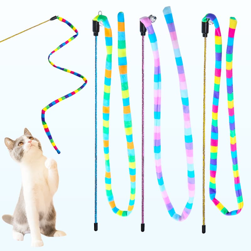 Varinha de interação com penas de arco-íris para gatos, com sinos, brinquedo divertido para pets.