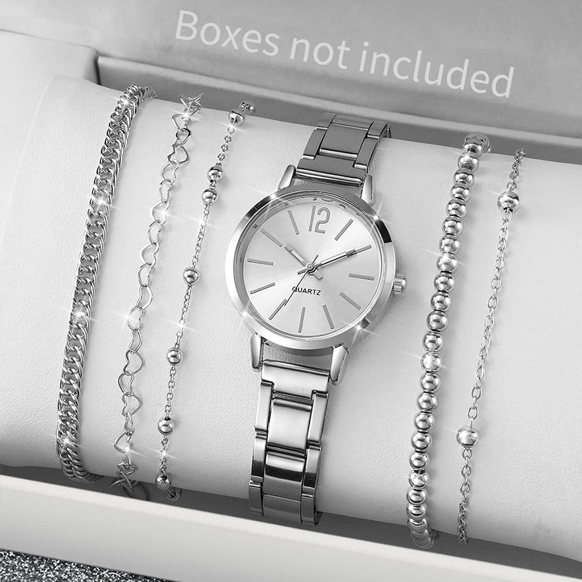 Relógio feminino moda pulseira de aço relógio de pulso de quartzo pulseira de corrente com contas de prata (sem caixa)