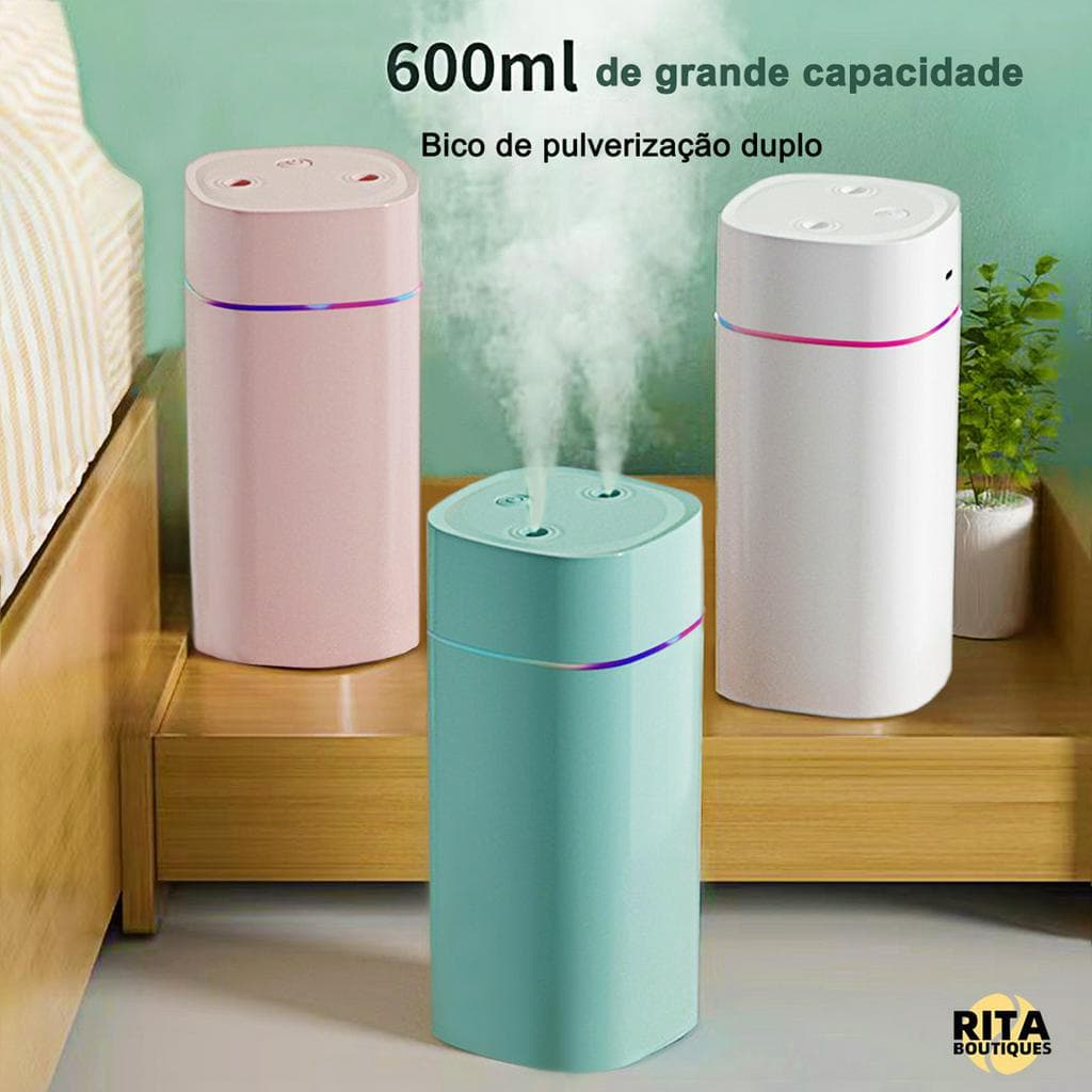 Umidificador de Ar Ultrassônico Grande, Difusor de Ar USB Portátil com Dupla Bico e LED Ambiente