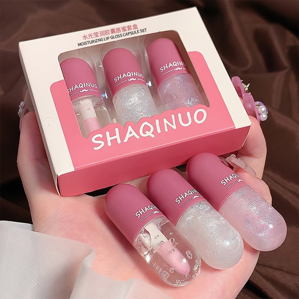 Kit de Brilho Labial Water Gloss, 3 Peças, Hidratante Duradouro, Balm e Reparador Labial, Copo Antiaderente.