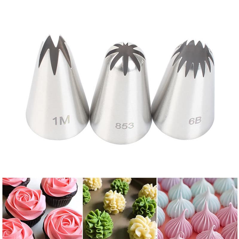 Conjunto de 3 bicos de decoração de tamanho médio, ferramenta de decoração de assados em aço inoxidável 1M, 6 dentes, 15