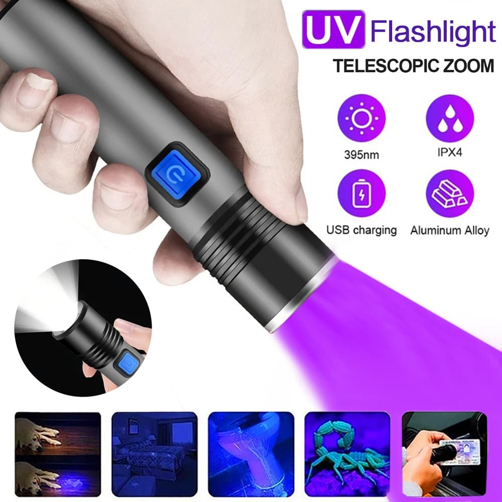 Lanterna UV de 365 nm com Zoom para Detecção de Urina de Animais e Iluminação de Cura