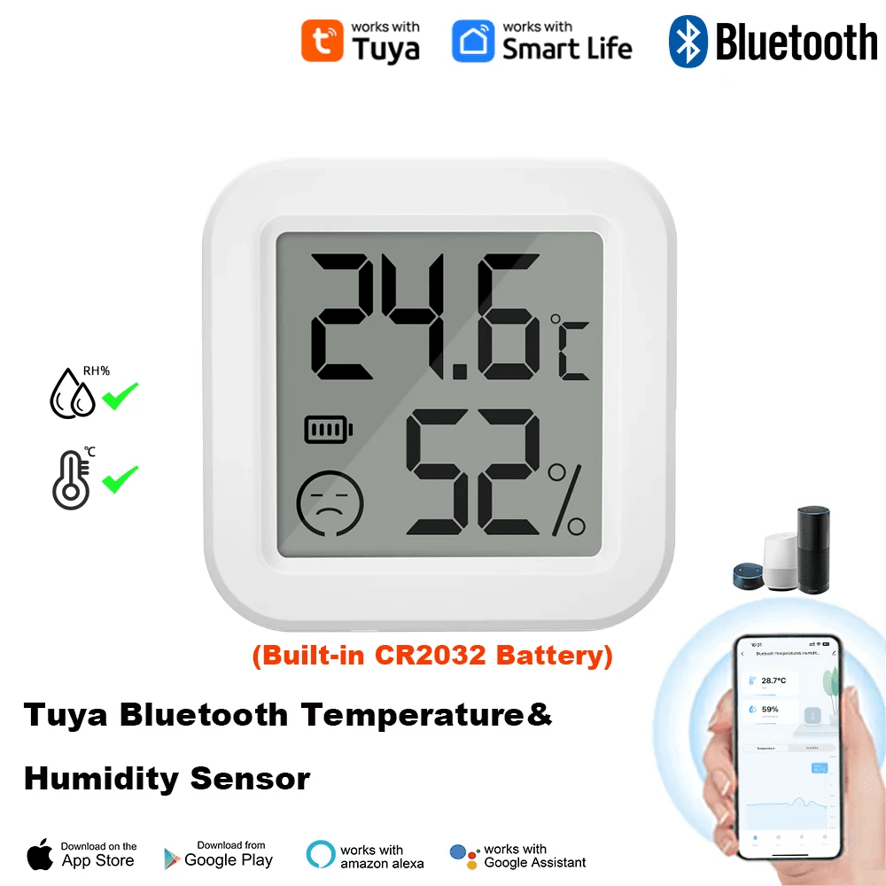 Sensor de Temperatura e Umidade Bluetooth Mini Tela LCD Controle Remoto por APP Smart Tuya Controle de Voz Google