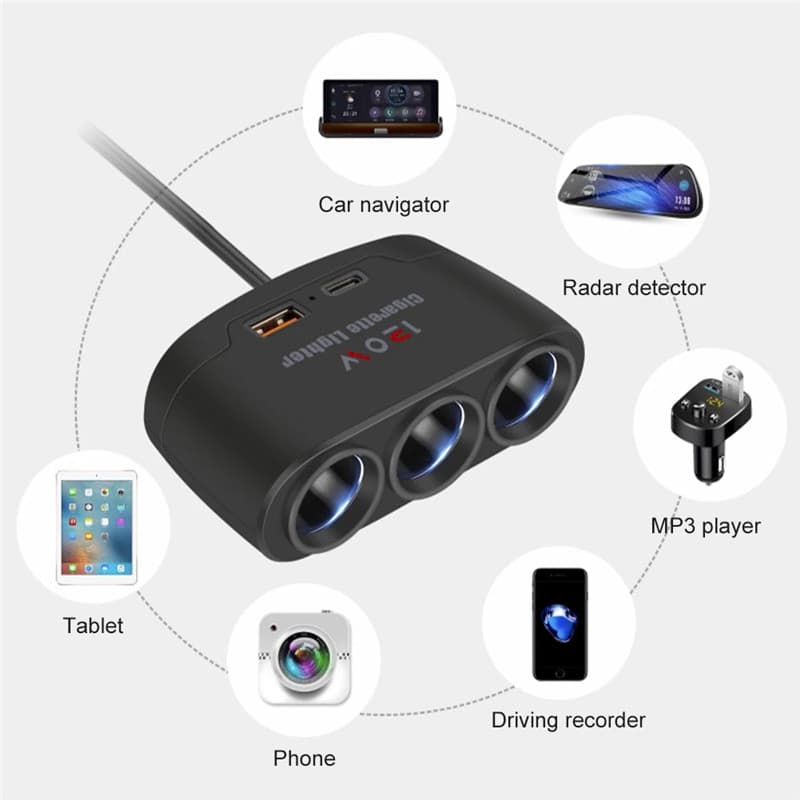 Adaptador De Carregador De Carro 12V/24V , Divisor De Isqueiro De 3 Soquetes , Rápido USB Duplo
