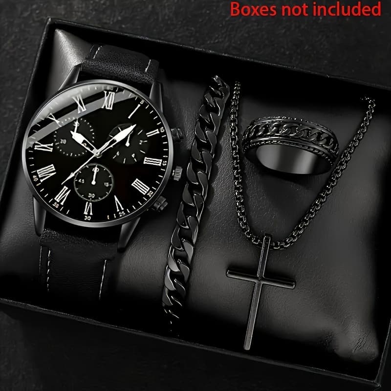 Conjunto De Relógios De Negócios Masculinos Da Moda De 4 Peças – Relógio De Pulso De Quartzo Com Pulseira De Couro Casua