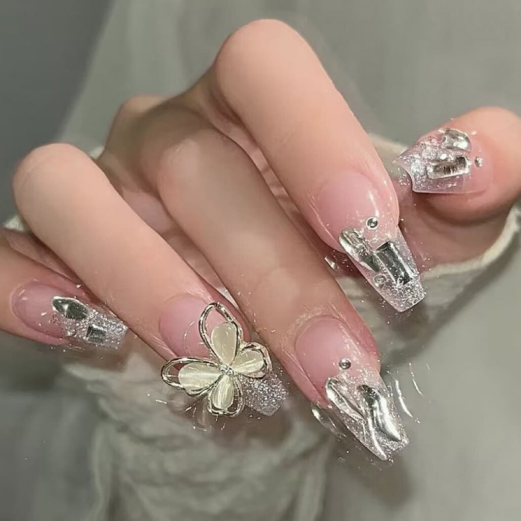 Novo Conjunto de 24 Pcs de Adesivos de Unha de Borboleta Brilhante, Unhas Falsas com Pontas Adesivas