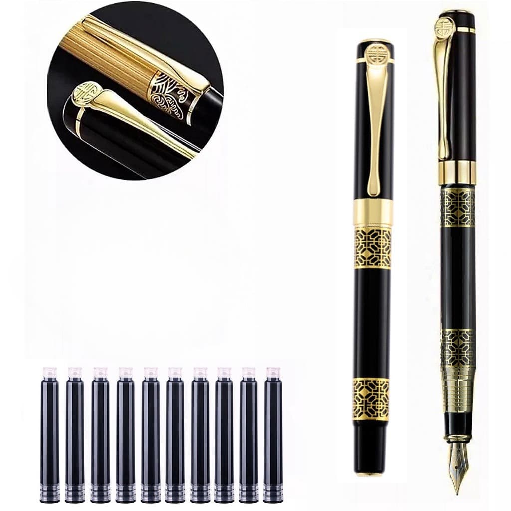 1 + 10 Peças Conjunto De Caneta De Metal Retrô Simples Caligrafia F Nib Clássico Vintage Presente Design Escrita De Pape