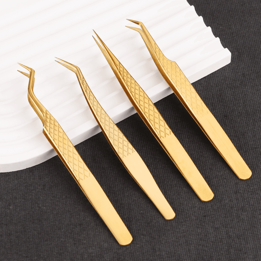 Conjunto De Modelador E Pinça De Cílios De Precisão Em Aço Inoxidável Dourado Com Caixa De Logotipo Personalizada-Aplica