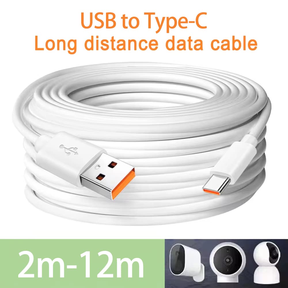 Cabo USB Type-C de 2M a 12M para alimentar câmera Xiaomi, monitor, celular, power bank e projetor.