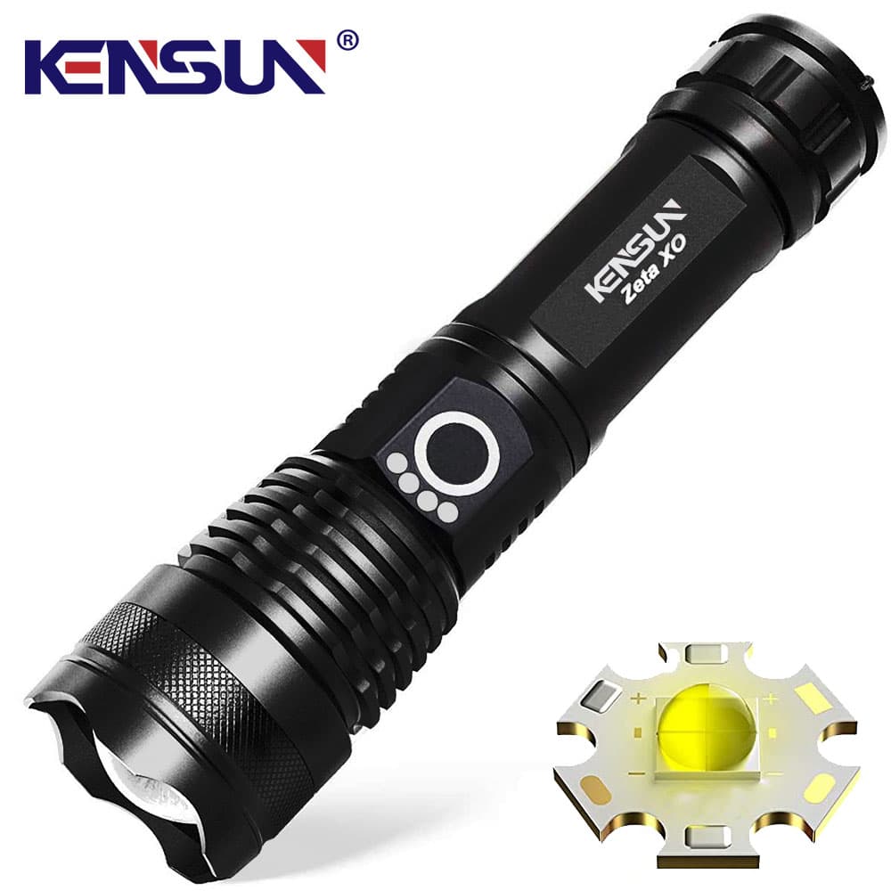 Lanterna LED XHP50 de alta potência, recarregável via Type-C, zoom ajustável, para camping, uso externo e emergências.