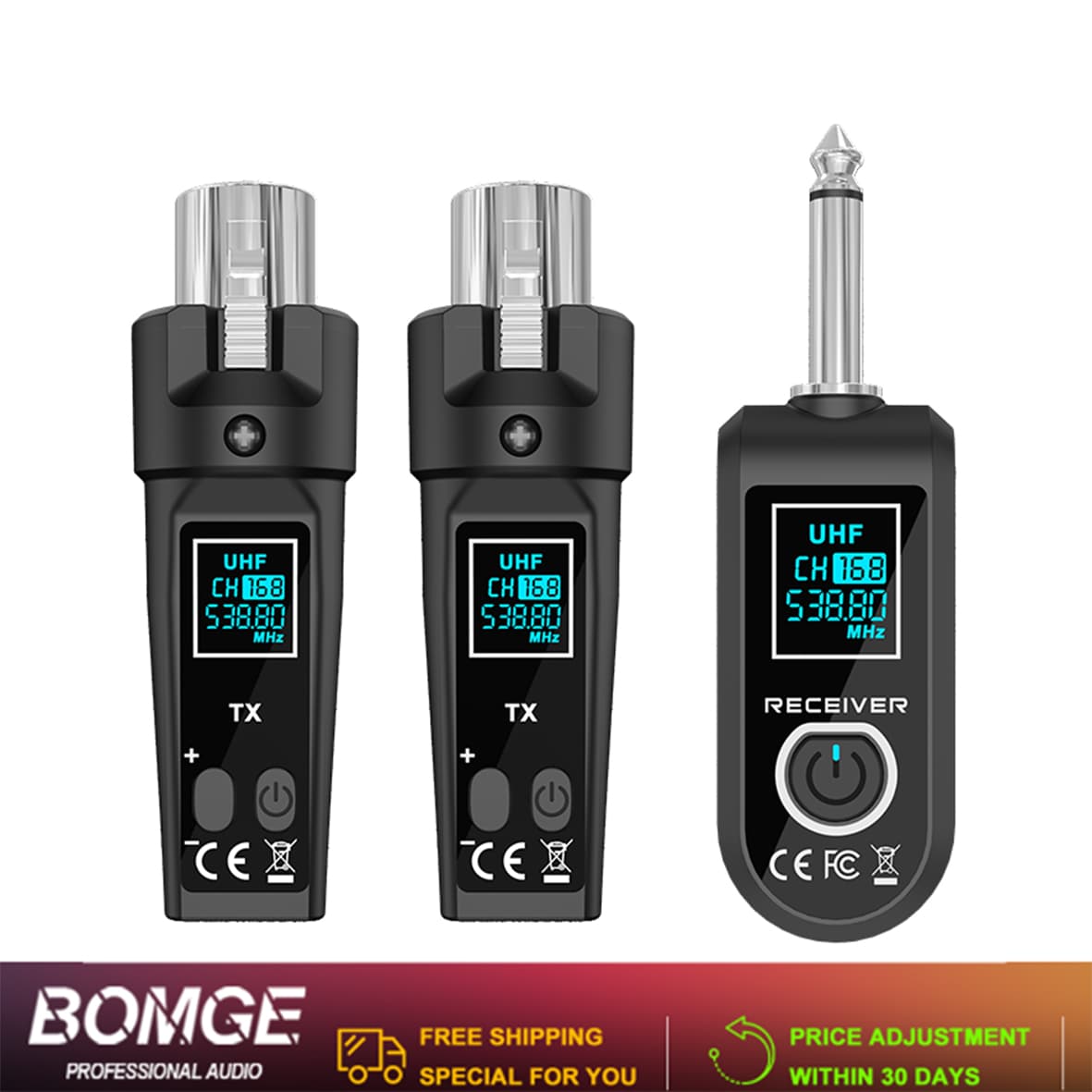 Sistema de microfone BOMGE WTU06, baixo ruído e atraso, guitarra sem fio com alcance de cerca de 30 metros.