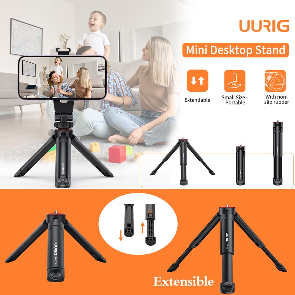 O UURIG TP05 é um tripé de câmera mini extensível portátil, com alça de punho para selfies, suporte para desktop,