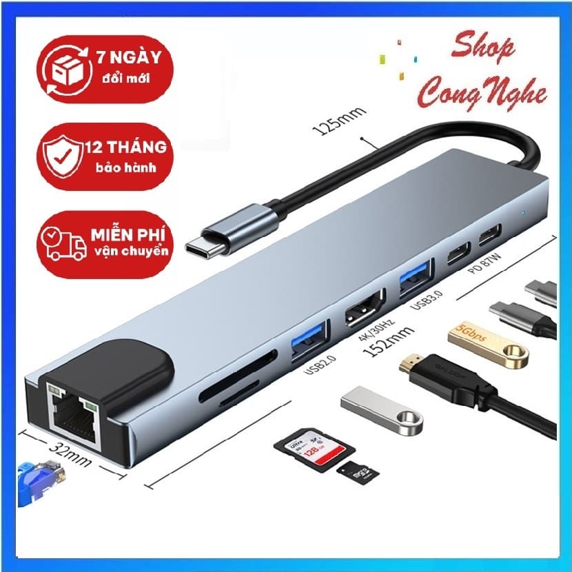 Estação de acoplamento 8 em 1 Tipo-C, porta Ethernet 100Mbps, conversor USB, hub USB funcional de múltiplas portas OTG.