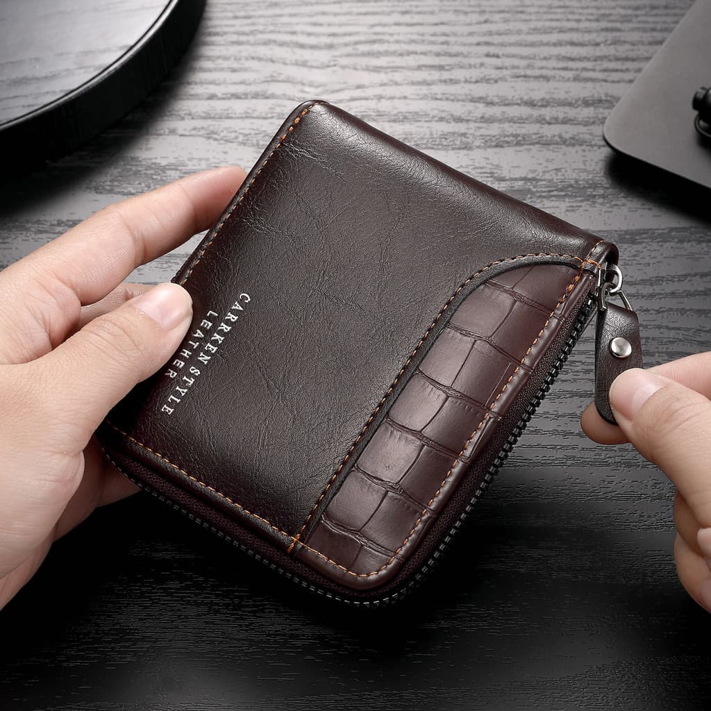 Carteira Vintage De Couro PU Masculina Com Zíper Porta-Moedas Para Cartão De Grande Capacidade-Presente De Dia Dos Pais