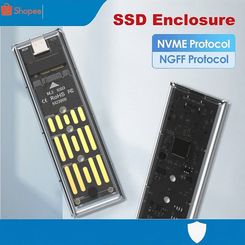 Enclosure Externo Transparente para SSD M.2 NVMe, Enclosure Externo de Estado Sólido Dual Protocolo NGFF NVMe
