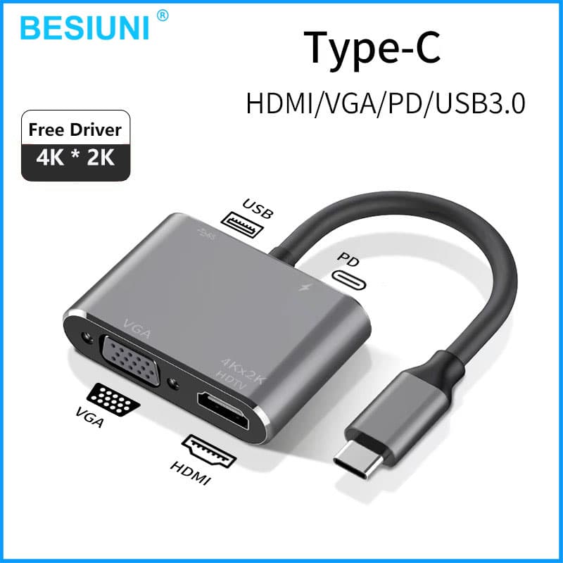 Adaptador Tipo C Para HDMI 4K VGA 1080P Hub USB 4 Em 1 Cabo Divisor De Porta PD De 87 W PC Laptop