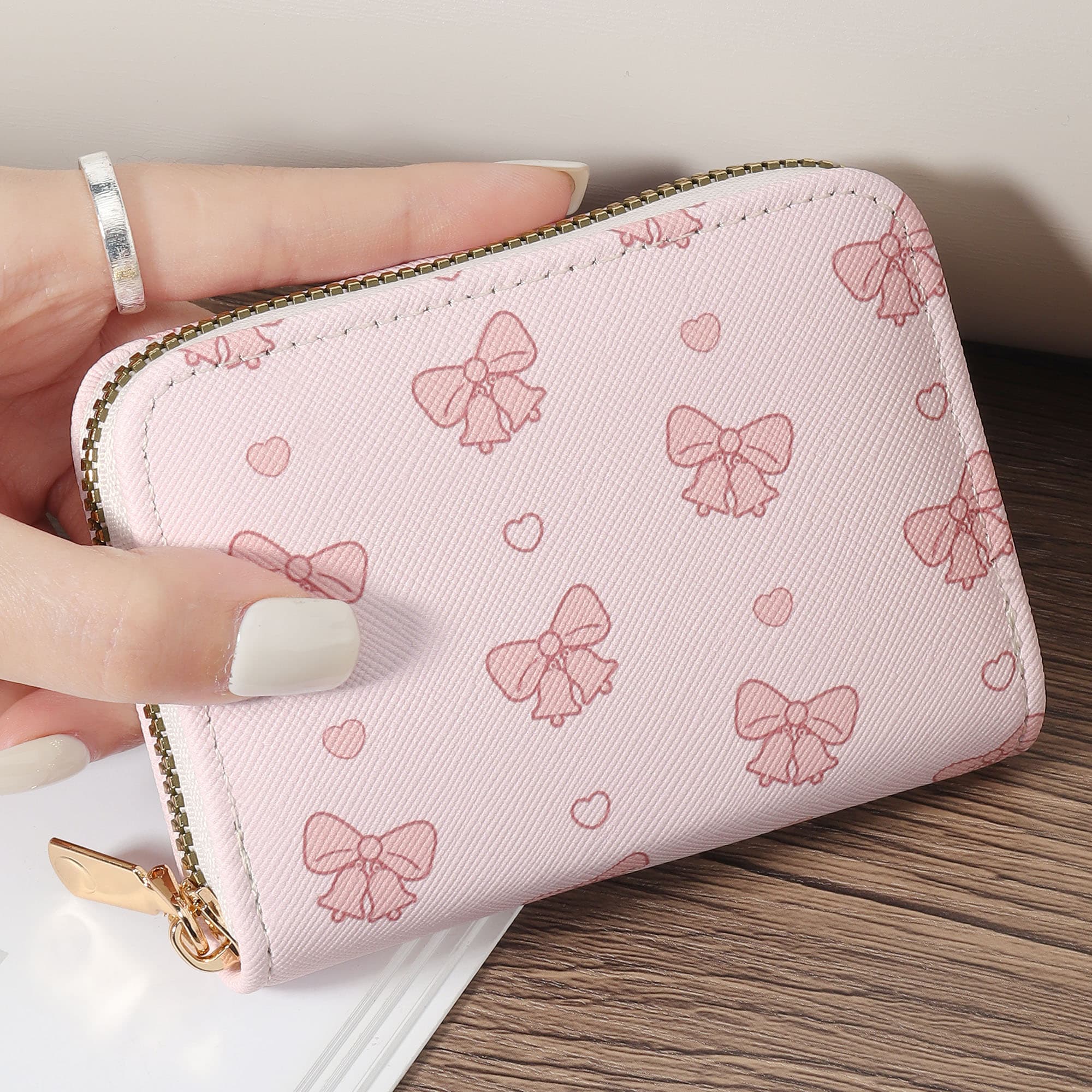 Carteira curta feminina com estampa de laço, bolsa casual com zíper envolto, bolsa multifuncional para cartões.