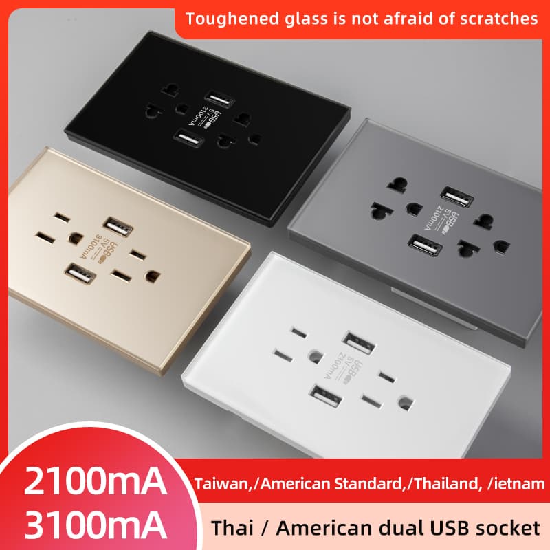 Tomada de Parede de Carregamento Rápido Tipo-C 3.1A Placa de Tomada USB Dupla Padrão US Adaptador de Tomada para