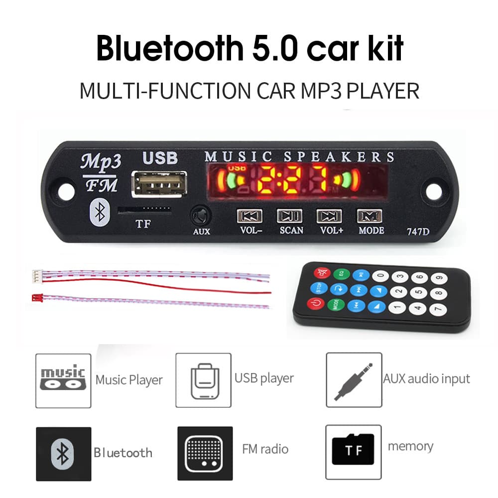 Placa de Amplificador de Áudio Bluetooth 5.0 para Carro, Rádio FM, Receptor TF USB 3.5mm AUX, 12V com Controle Remoto.