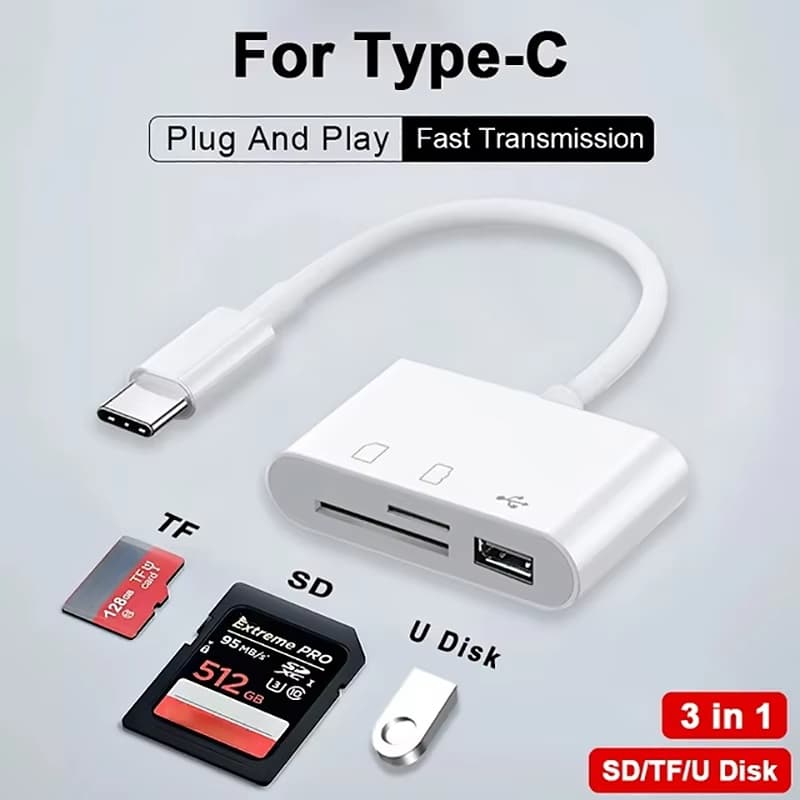 Adaptador USB Hub 3 em 1 Tipo C para USB 2.0 Leitor de Cartão TF SD OTG para Xiaomi iPhone Android Laptop