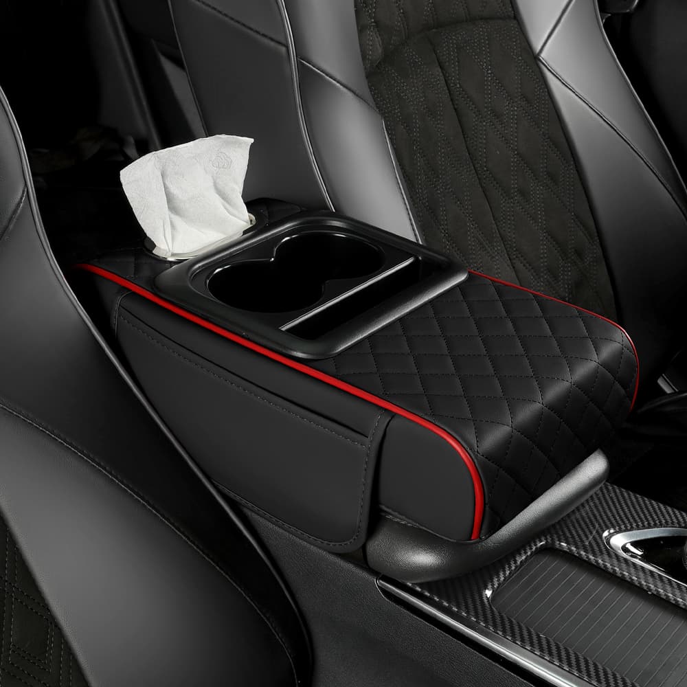 Novo Suporte de Braço para Carro 4 em 1, Revestido em Couro Pu Premium, Espuma de Memória, Caixa de lenços