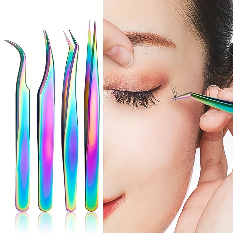 Extensões De Cílios Com Pinças De 4 Pacotes-Adesivos De Unhas E Strass , Design Curvo Pontiagudo