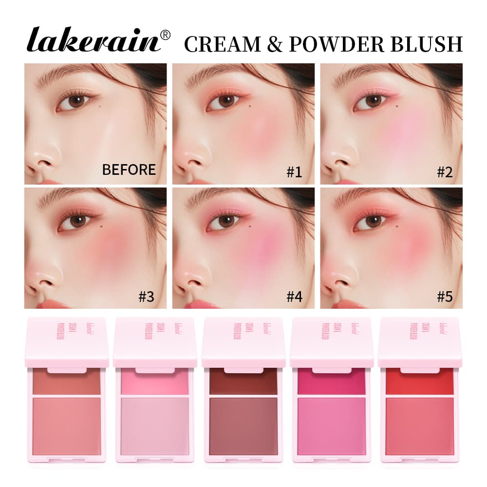 Lakerain Blush 2 em 1 Creme e Pó Compacto, Paleta de Maquiagem com Pó Fino e Textura Delicada e Duradoura.