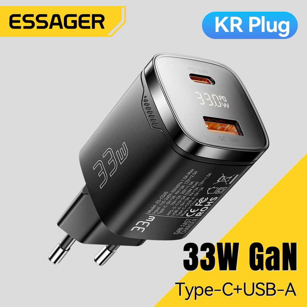 Essager 33W GaN USB Tipo C Carregador Display Digital PD Carregamento Rápido Para iPhone Pro Max iPad Mini 6 Xiaomi