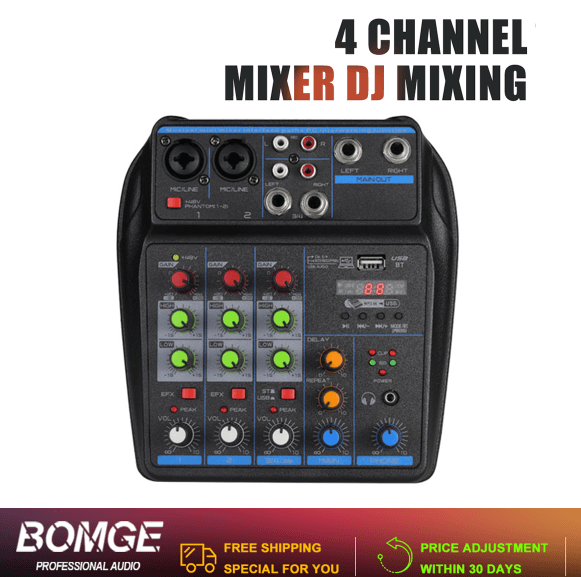 Mesa de Mistura de DJ de 4 Canais Consola Bluetooth 48V Phantom Power Sistema de Monitorização de Karaokê USB Pro