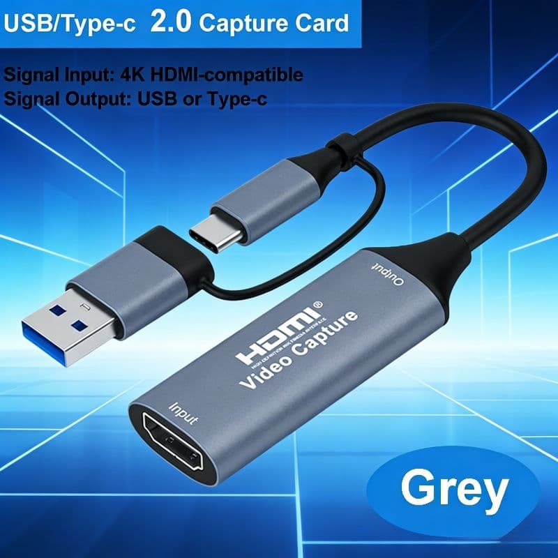 Placa de captura de vídeo 2 em 1 HDMI para USB/USB-C 4K para PS4/Xbox, gravação de jogos, adaptador profissional 4K máx.