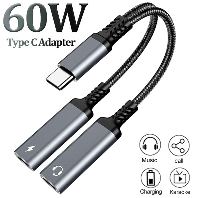 Divisor USB-C 2 Em 1 Para Adaptador De Áudio De Fone De Ouvido Duplo Tipo PD 60W De Carga Rápida iPhone 15
