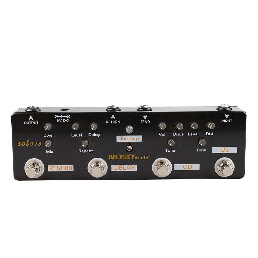 Pedal Multi-Efeito Mosky 5-em-1 para Guitarra: Distorção, Delay, Reverb, Overdrive e Efeito FX Loop com Bypass