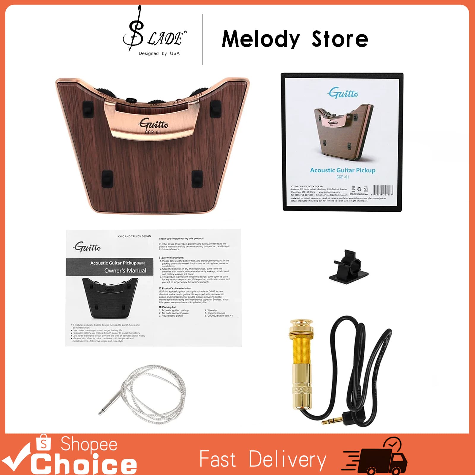 Guitto GGP 01 – Captador para Violão Acústico 36–42 pol. – Ajuste de Volume e Tom – Piezo + Microfone – Modos Duplos –
