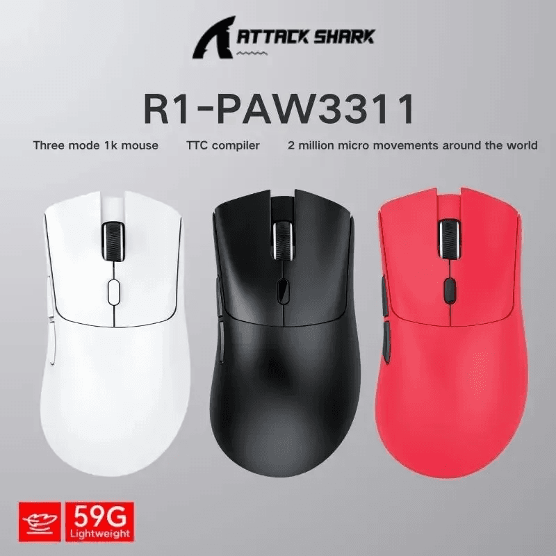 Mouse Gamer Sem Fio Tri-Modo ATTACK SHARK R1 PAW3311 18000 DPI 59g Leve Bluetooth 2.4G Com Fio para PC/Laptop/Mac
