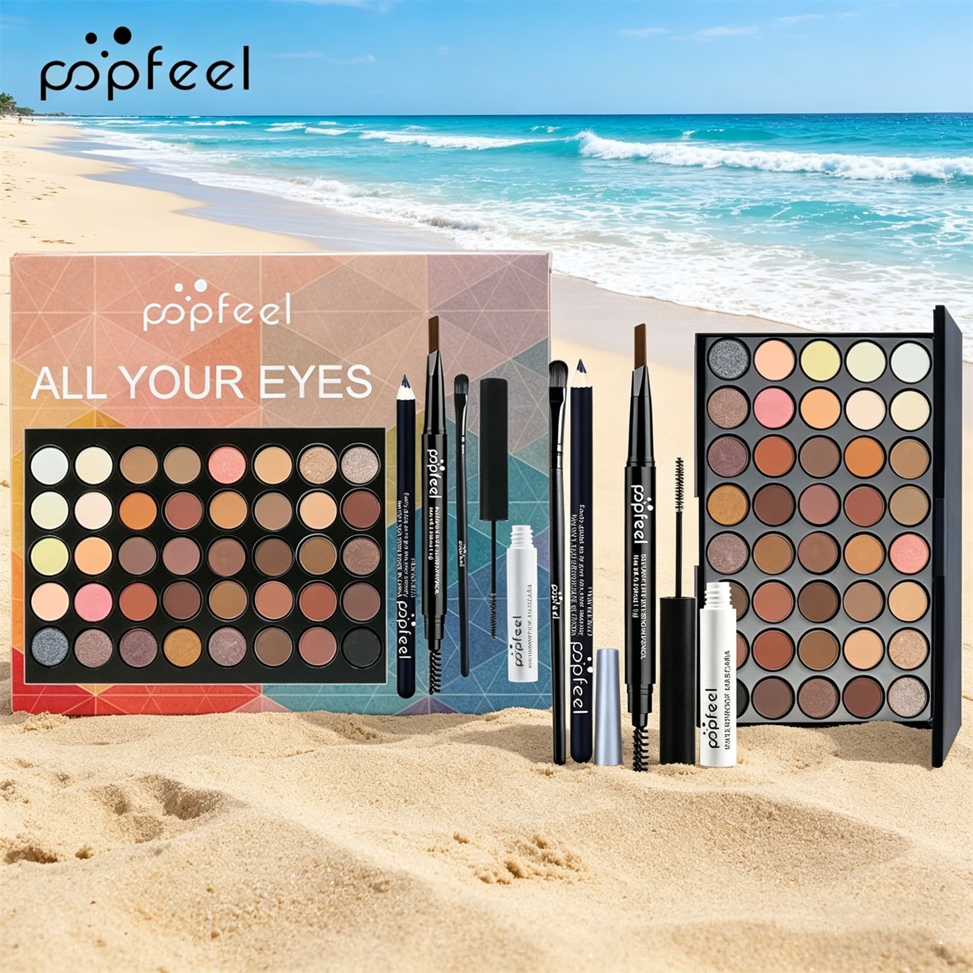 Conjunto de Paleta de Sombras POPFEEL - Kit de Maquiagem para Olhos à Prova D'água com Lápis de Sobrancelha, Máscara e