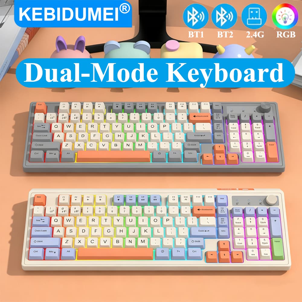 KEBIDUMEI Teclado para jogos de modo duplo Teclado sem fio Bluetooth 2.4G duplo com botão RGB retroiluminado
