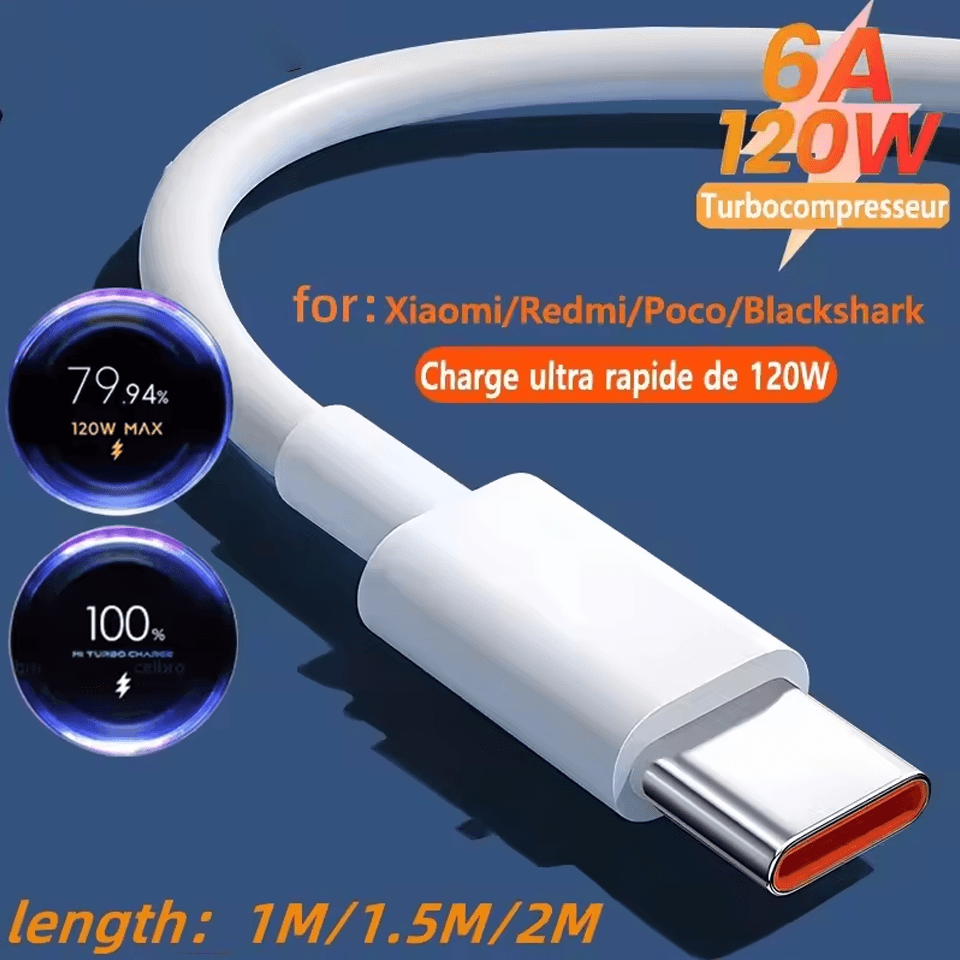 Cabo Original Xiaomi 6A 120W USB-C Turbo de Carregamento Rápido para Mi 15, 14, 13, 12 Pro, 15T, 13T, 12T, Redmi Note
