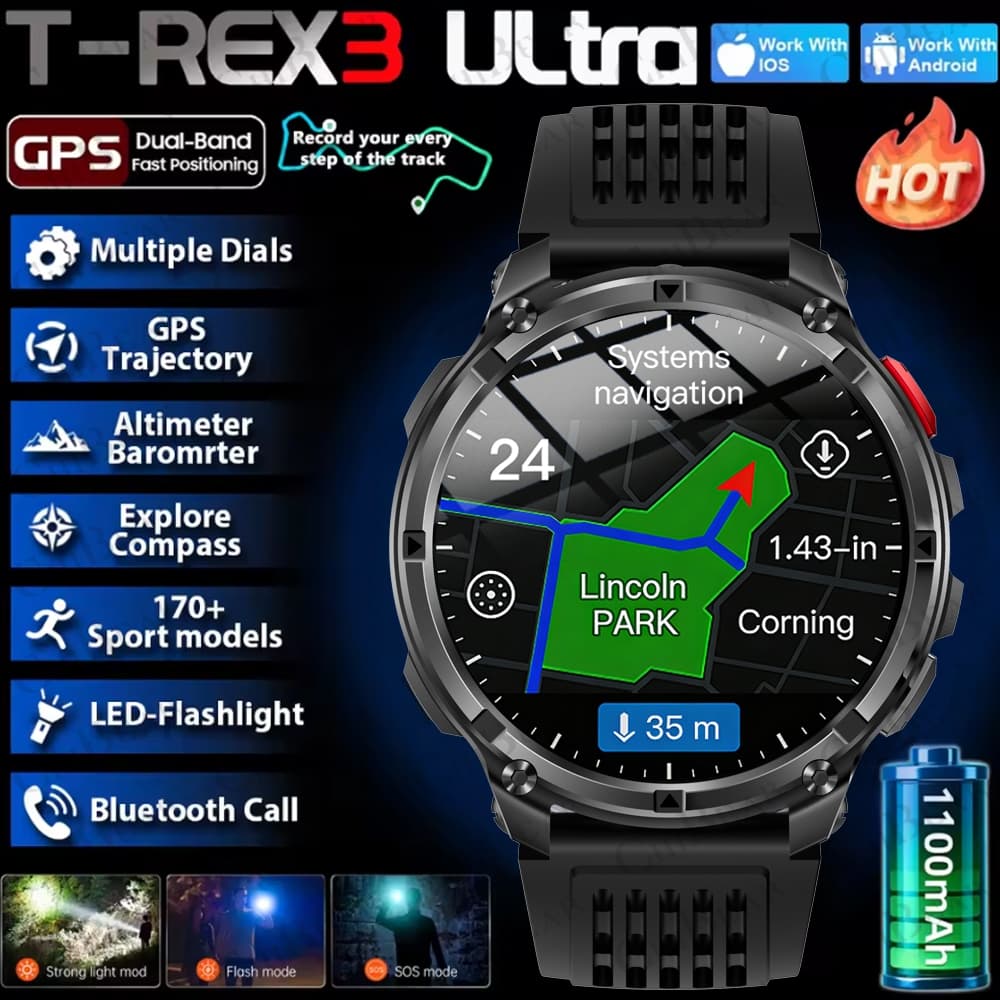 2026 Novo Smartwatch Militar T-Rex 3 Pro 1100mAh Bateria GPS Trilha à Prova d'Água 5ATM Bússola Esportiva para