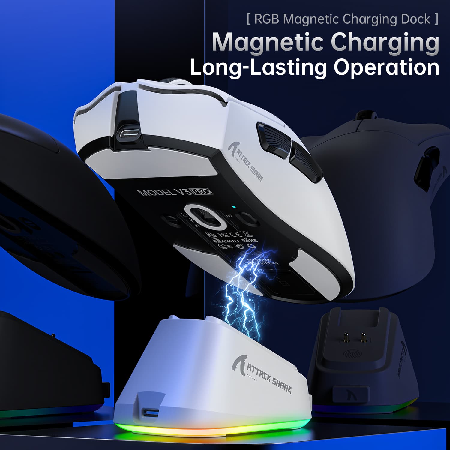 Mouse Gamer Sem Fio ATTACK SHARK V3Pro Tri-Mode 2.4G BT Com Fio 25000DPI PAW3311 65g Com Dock RGB Magnético