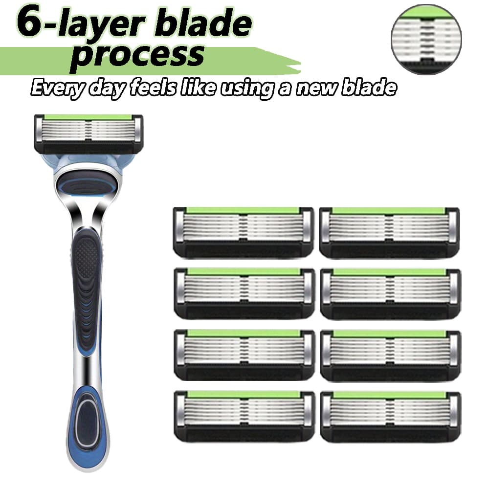 Navalha Clássica de 6 Camadas Razor para Barbear Masculino - 1 cabo + 8 lâminas de barbear, Compatível com Gillette