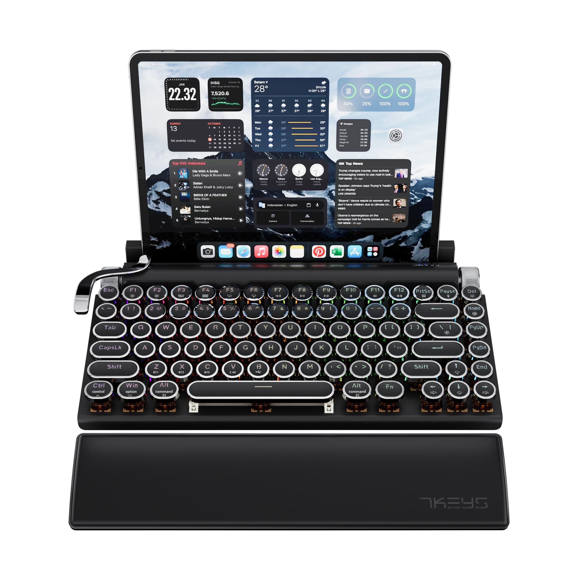Teclado Mecânico Retro Typewriter 7KEYS TW1867, Teclado Bluetooth Ergonômico, Teclado Gamer com Troca a Quente RGB
