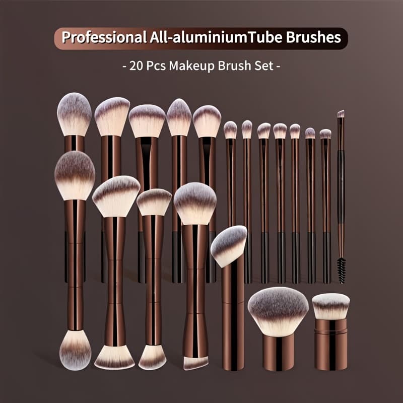 Conjunto De Pincéis De Maquiagem Profissional Macio Com Cabo Longo , 20 Peças Para Base , Sombra , Sobrancelha E Uso Em