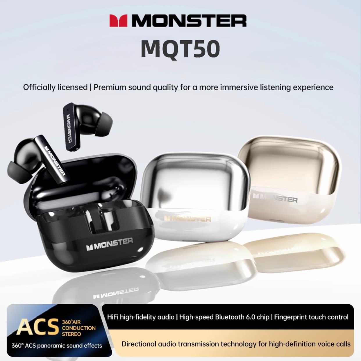 Fones de Ouvido Monster MQT50, Sem Fio TWS, Headset Gamer, HiFi Estéreo, Música, Redução de Ruído, Fones de Ouvido,