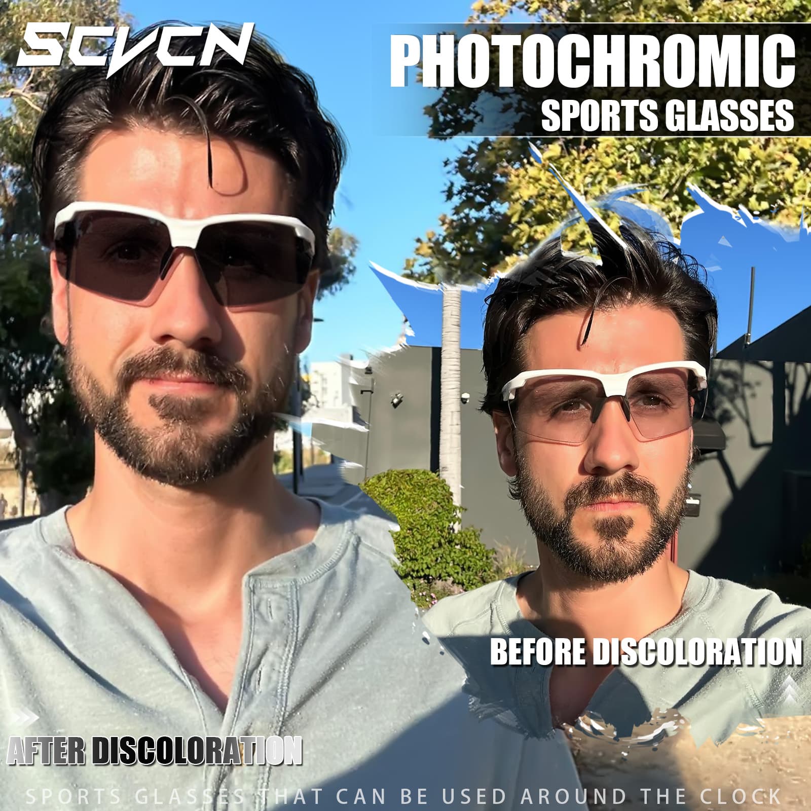 Sete óculos de sol fotocrômicos UV400 para direção e proteção solar para homens, óculos esportivos para atividades ao