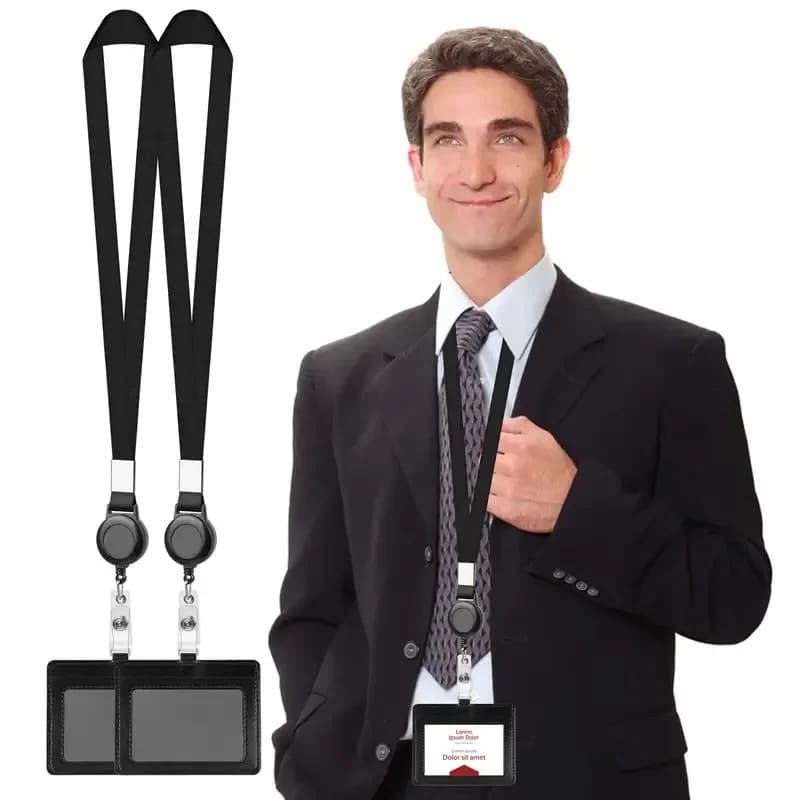Porta-crachá de identificação em PU preto com cordão para pescoço e compartimento para cartão, ideal para crachás de