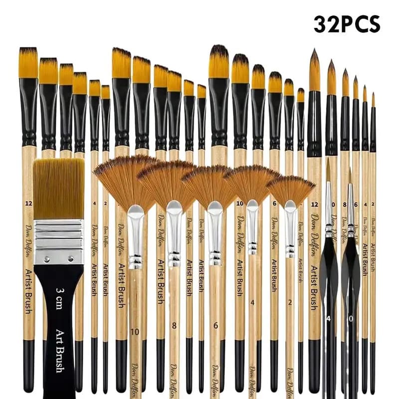 Conjunto De Pincéis De Pintura Acrílica 32 Peças , Pincel De Lápis Cor De Água Fino , Ventilador Angular Plano De Nylon