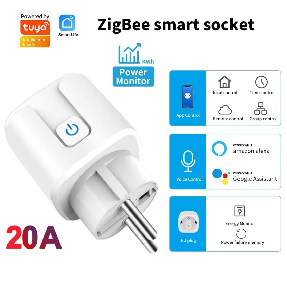 Tomada Inteligente Para Tuya Zigbee Ue 20A Com Monitor De Energia Cronometragem Controle Voz Casa Sem Fio Compatível
