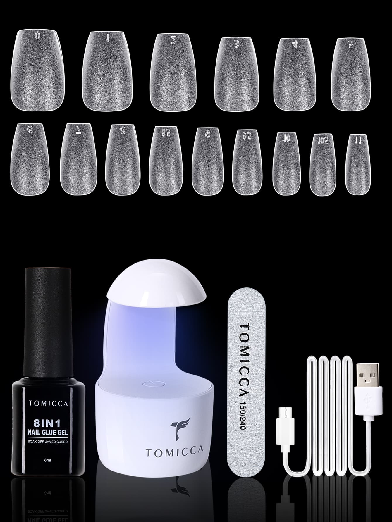 Kit de Pontas de Unha e Cola Gel, Ferramenta de Arte em Unhas com Gel Suave, Lâmpada para Unhas, Cola, 240 Pontas Curtas